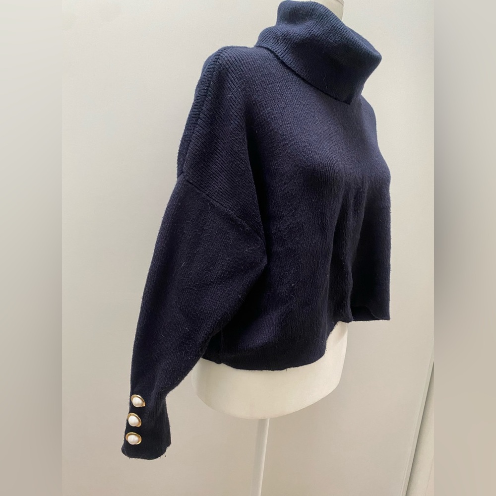 Zara Sweater Cowl Neck Faux Pearls Navy Gold